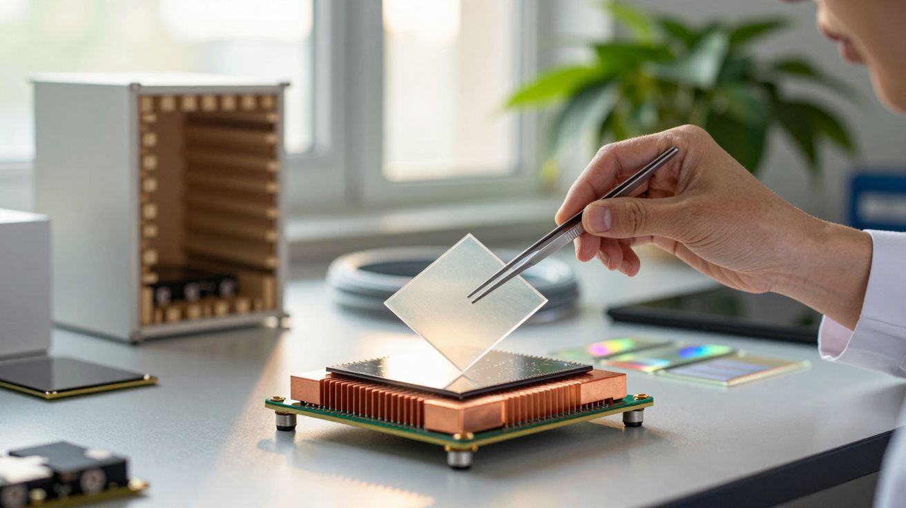 Mão segurando uma pinça coloca um chip transparente numa estrutura metálica sobre a mesa, com equipamento ao fundo.