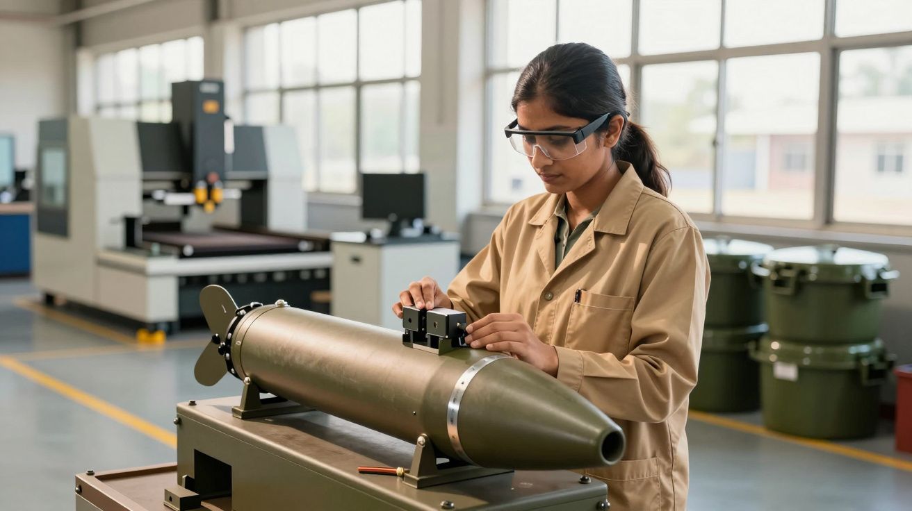 Mulher com óculos de proteção ajusta dispositivo cilíndrico em laboratório industrial.