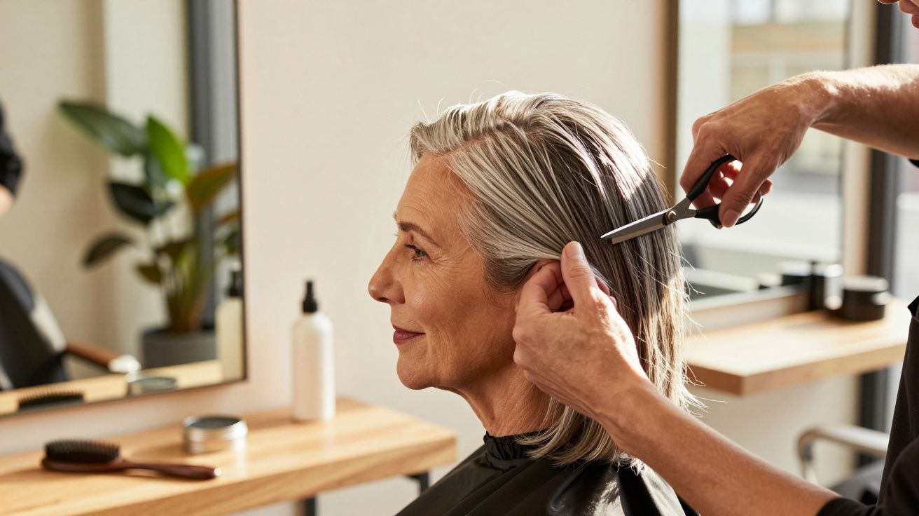 Mulher de cabelo grisalho a ser cortado por cabeleireiro num salão moderno.
