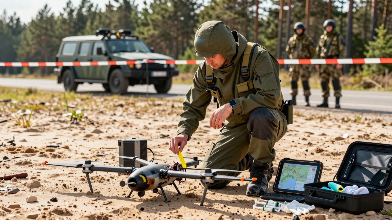 Pessoa em uniforme militar opera drone em área restrita, com veículo militar e soldados ao fundo.