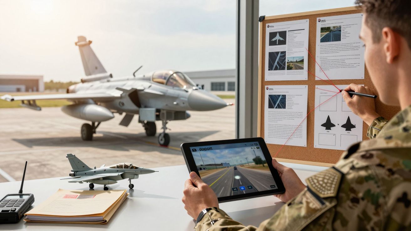 Homem analisa informações sobre jato militar através de tablet e notas enquanto a aeronave está no exterior.