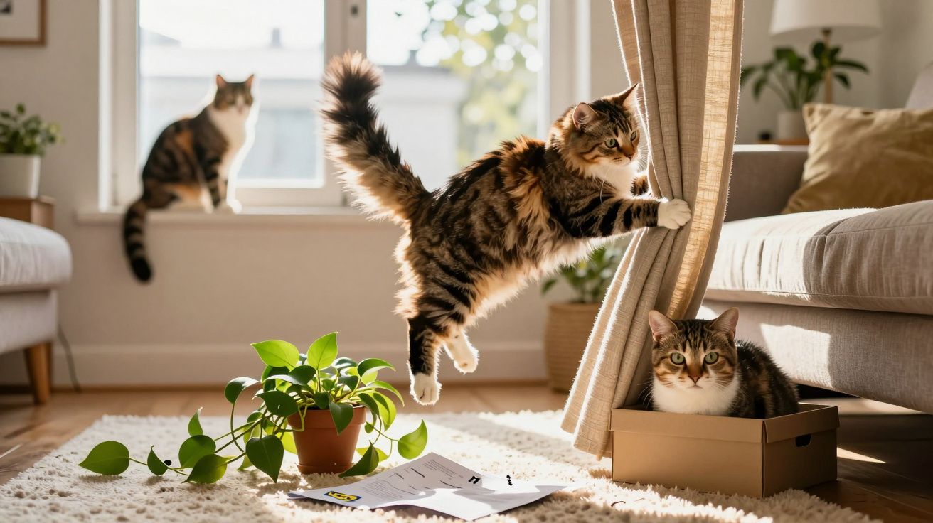 Três gatos numa sala iluminada: um salta, outro numa caixa e o terceiro na janela. Plantas e papéis no chão.