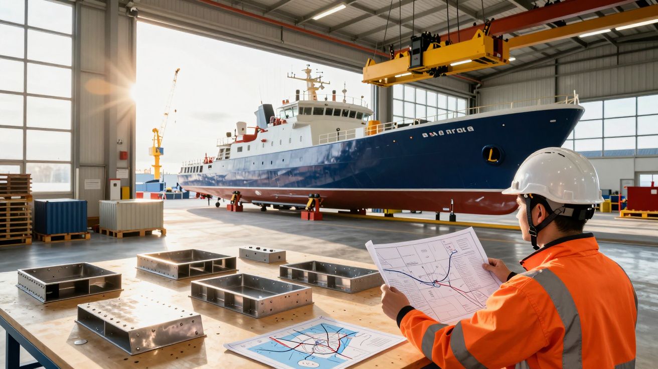 Trabalhador de capacete analisa mapa em estaleiro com navio azul em construção e ferramentas sobre a mesa.