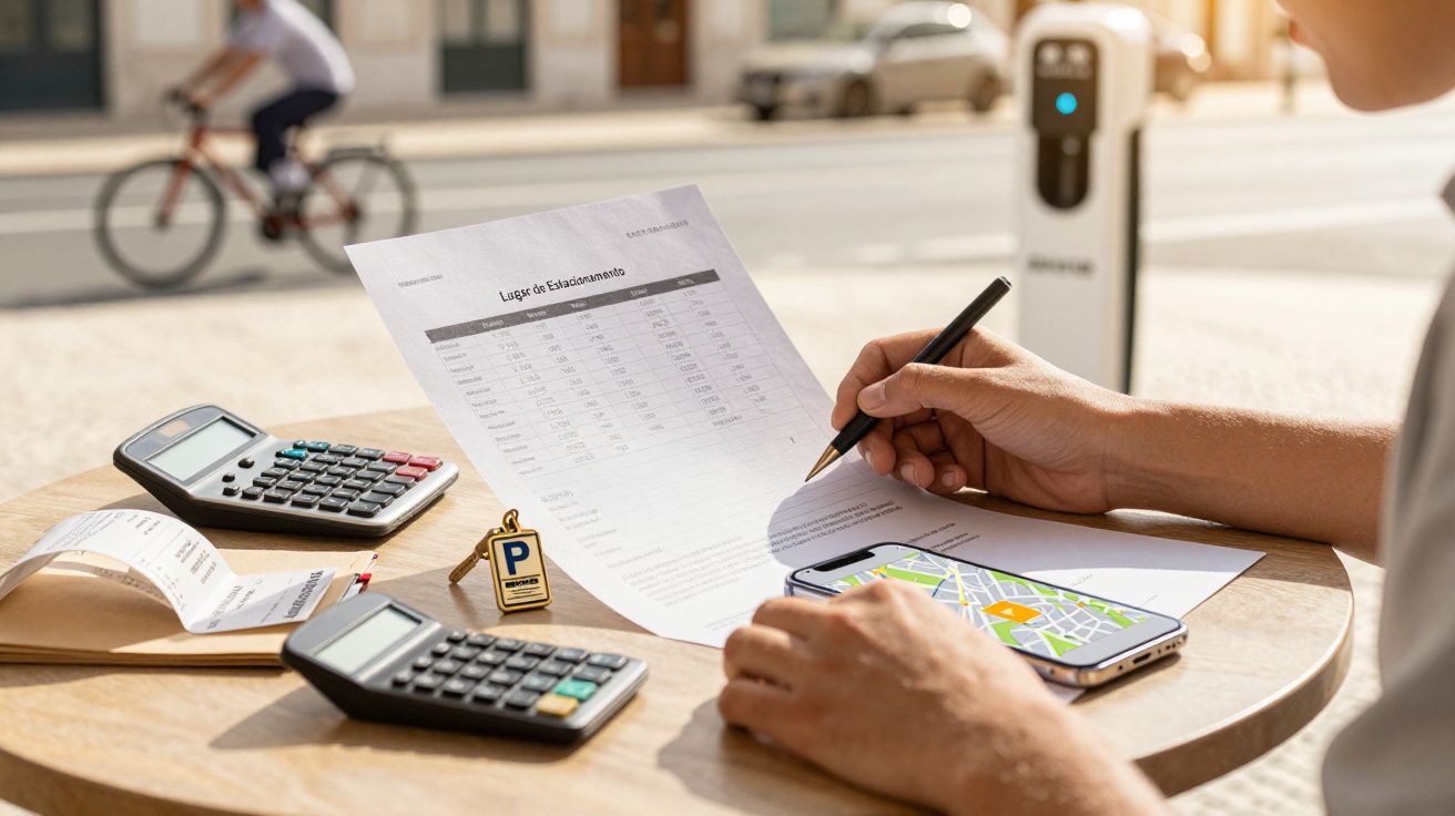 Pessoa analisa documento com lista de estacionamento, dois calculadoras, recibo e telemóvel numa mesa, ciclista ao fundo.