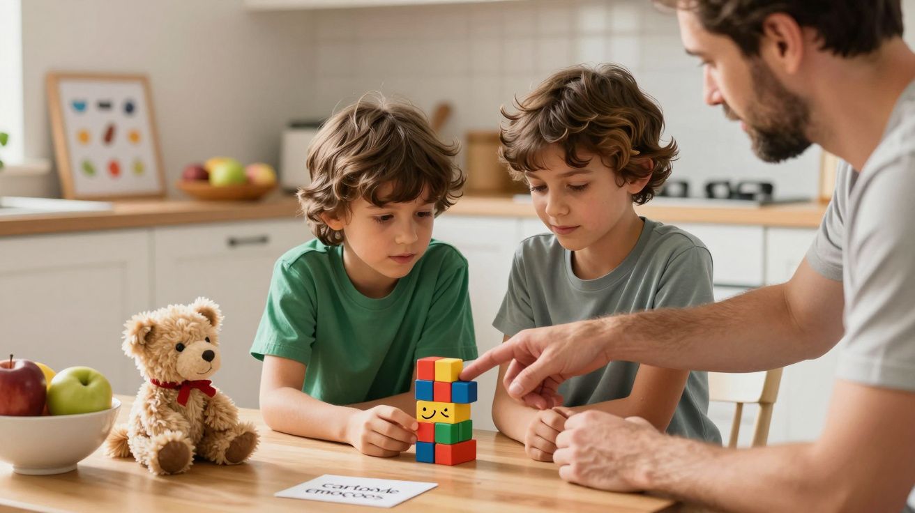 Pai e dois filhos brincam com blocos coloridos na mesa da cozinha, com um peluche e frutas ao lado.