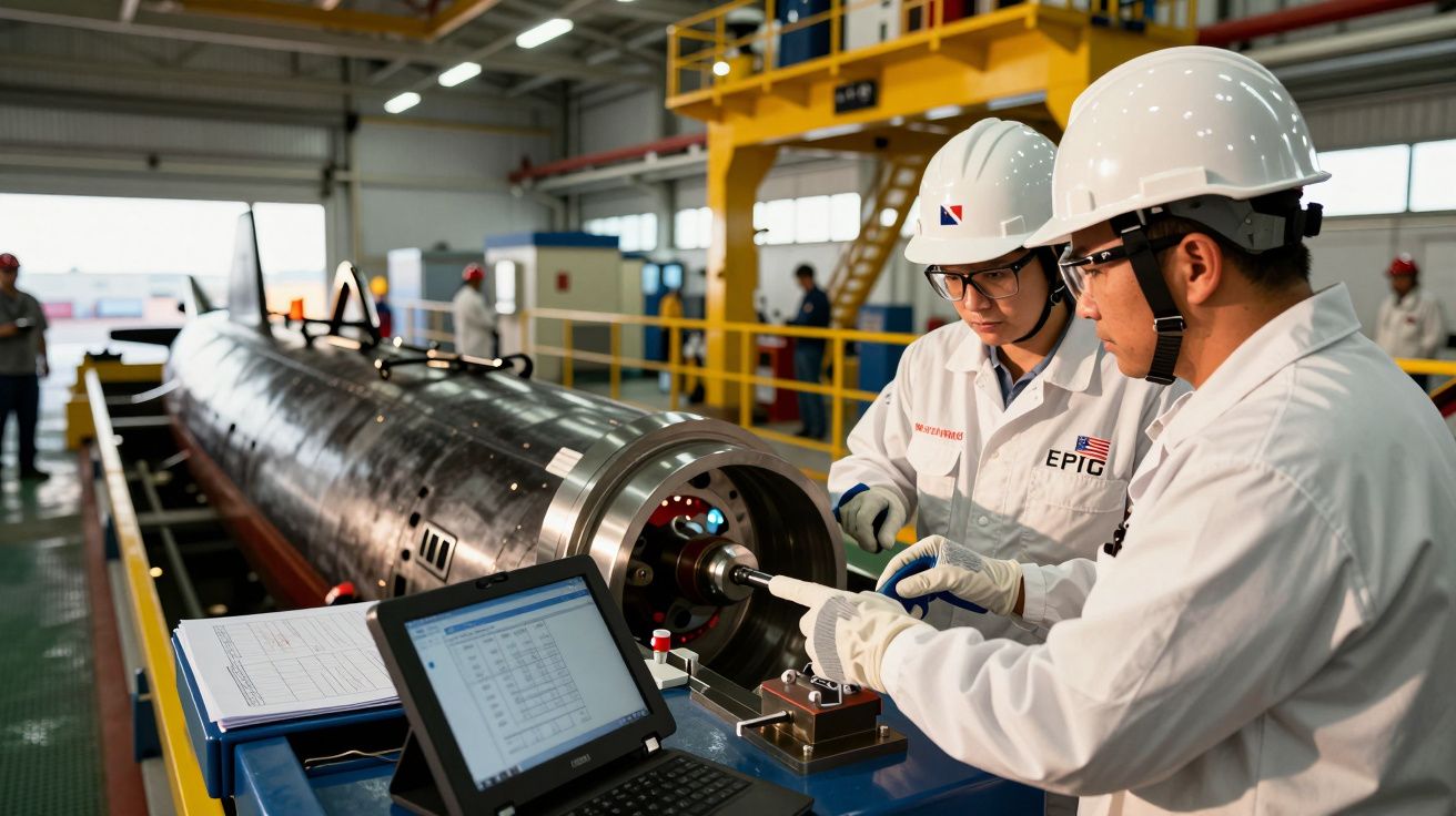 Dois engenheiros com capacetes brancos inspecionam equipamento industrial em fábrica, com portátil e ferramentas ao lado.