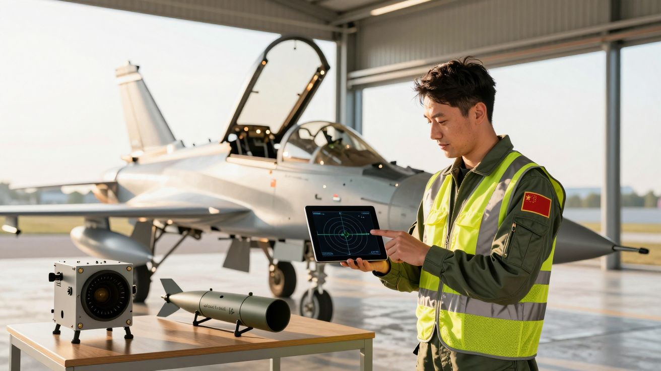 Homem em colete refletor usa tablet em hangar, com jato militar e equipamento ao fundo.