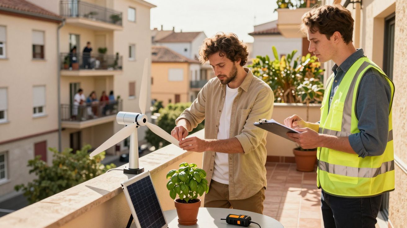 Dois homens analisam um painel solar e uma turbina eólica numa varanda, com blocos de apartamentos ao fundo.
