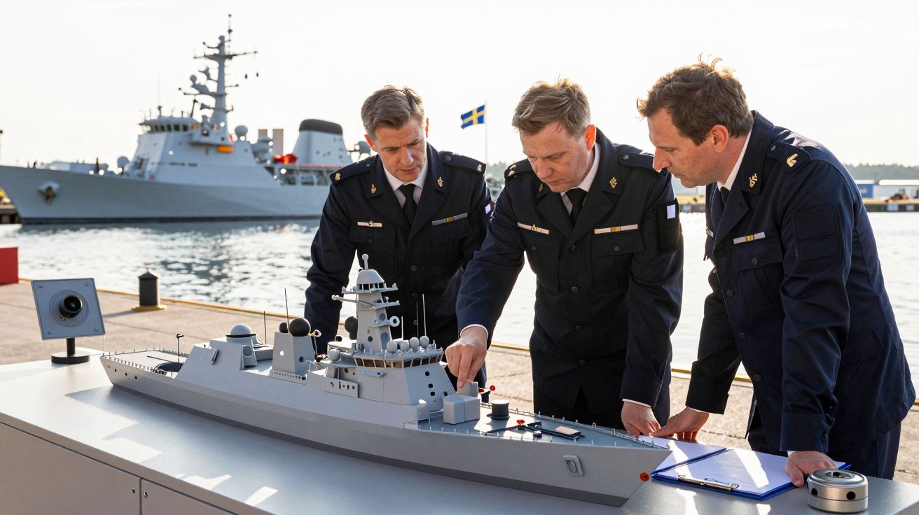 Três oficiais da marinha analisam modelo de navio em doca, com um navio real e bandeira da Suécia ao fundo.