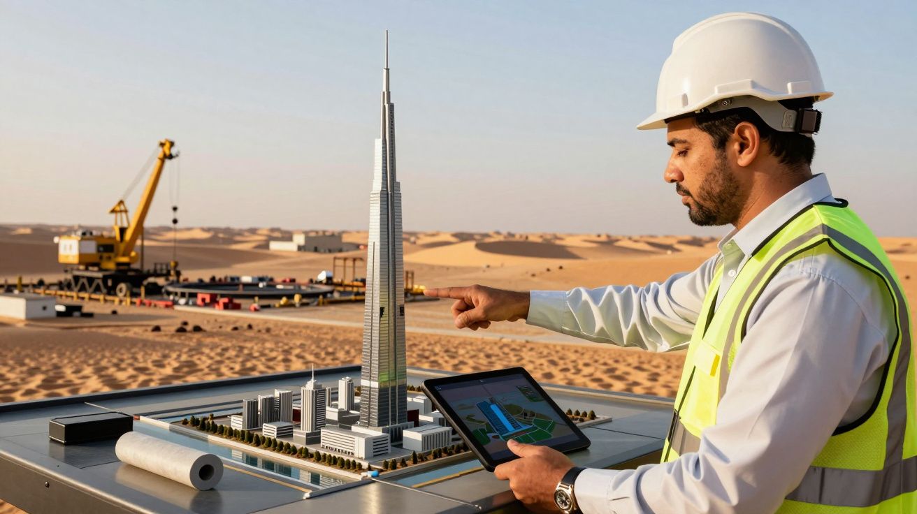 Engenheiro em capacete e colete, analisa maquete de arranha-céus no deserto, usando tablet com grua ao fundo.