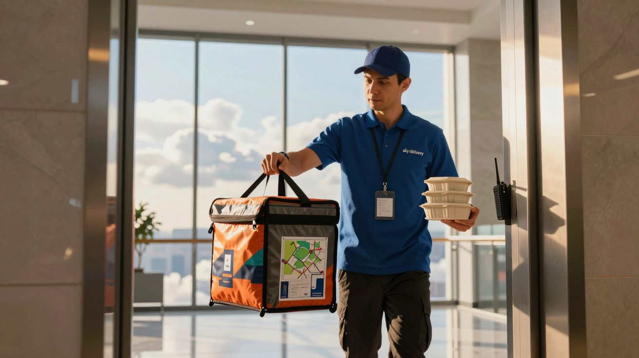 Entregador de uniforme azul carrega saco térmico e caixas de comida num corredor luminoso com janelas ao fundo.