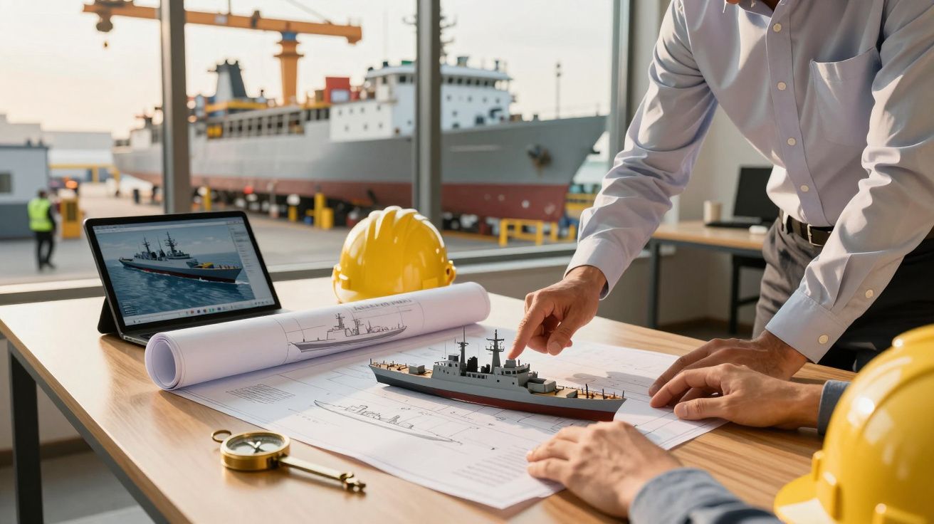 Homens analisam uma maquete de navio e planos enquanto um grande navio está ancorado ao fundo.