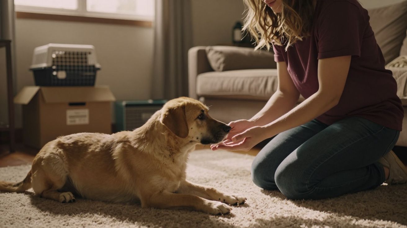 Mulher acaricia um cão deitado no tapete de uma sala iluminada, com caixas ao fundo.