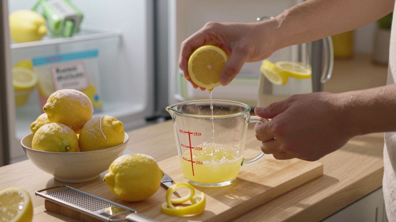 Pessoa espreme um limão sobre um copo medidor, rodeado por limões e uma jarra de água com limão.