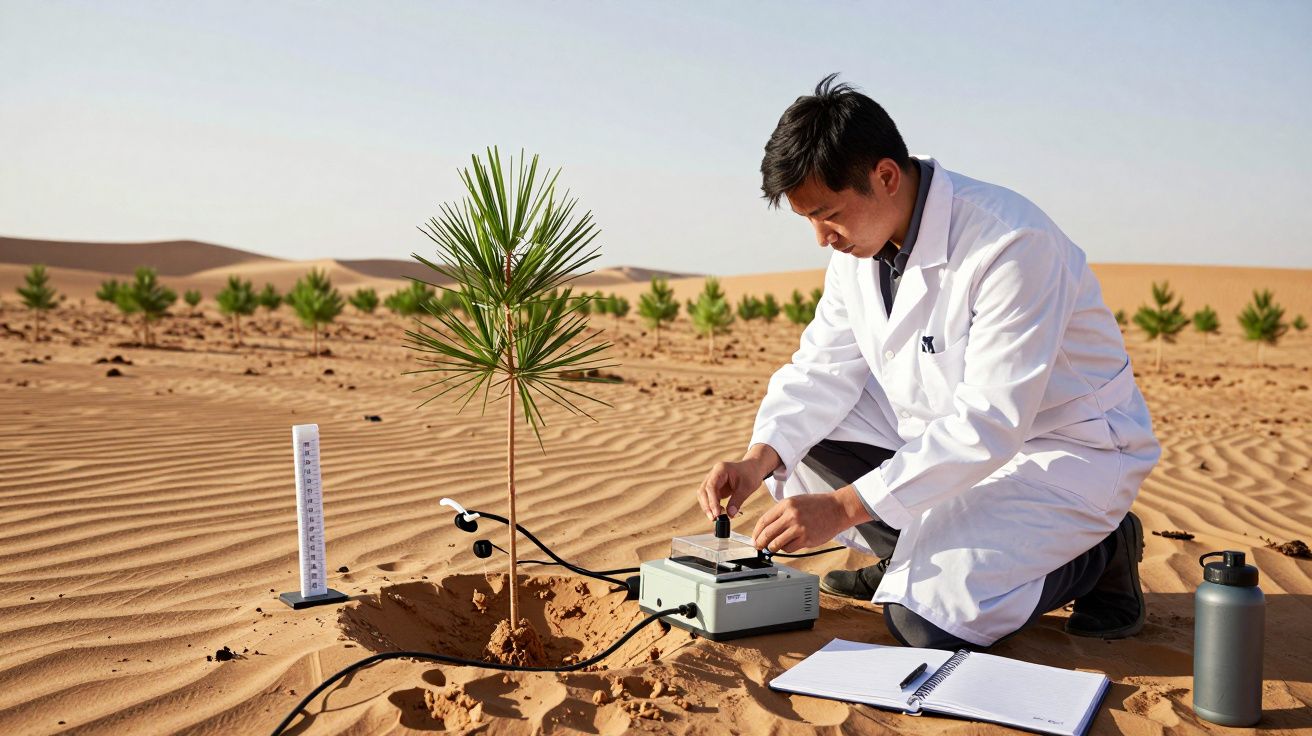 Cientista em bata branca estudando muda de árvore no deserto com equipamento de medição e caderno ao lado.