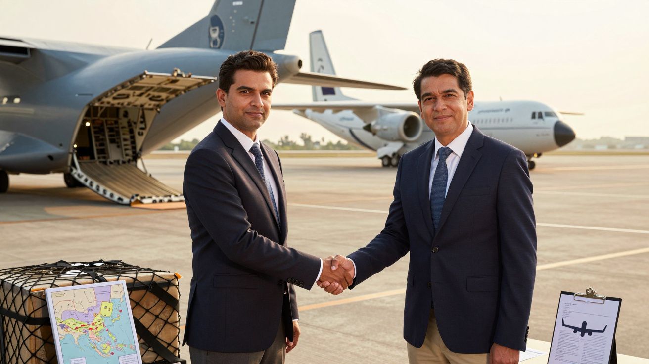 Dois homens de fato e gravata apertam as mãos num aeroporto, com aviões de carga ao fundo.
