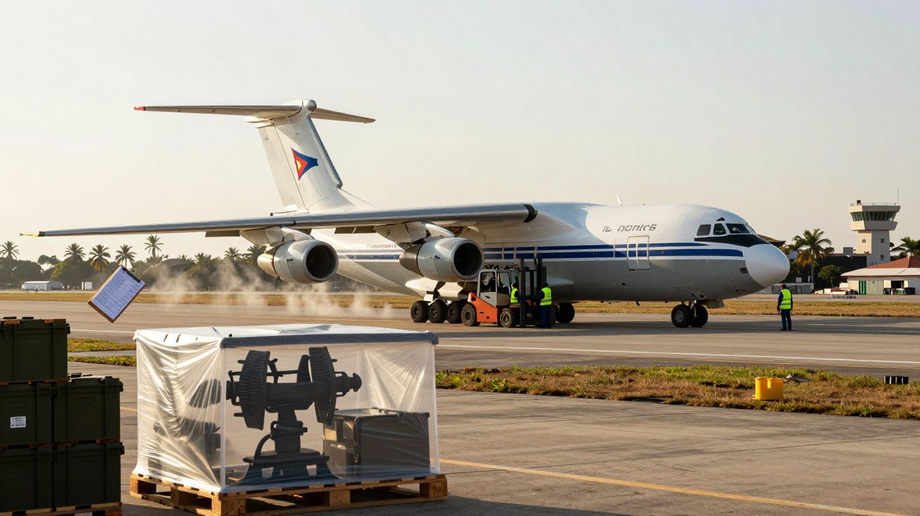 Avião de carga grande numa pista de aeroporto com caixas de madeira ao redor e palmeiras ao fundo.