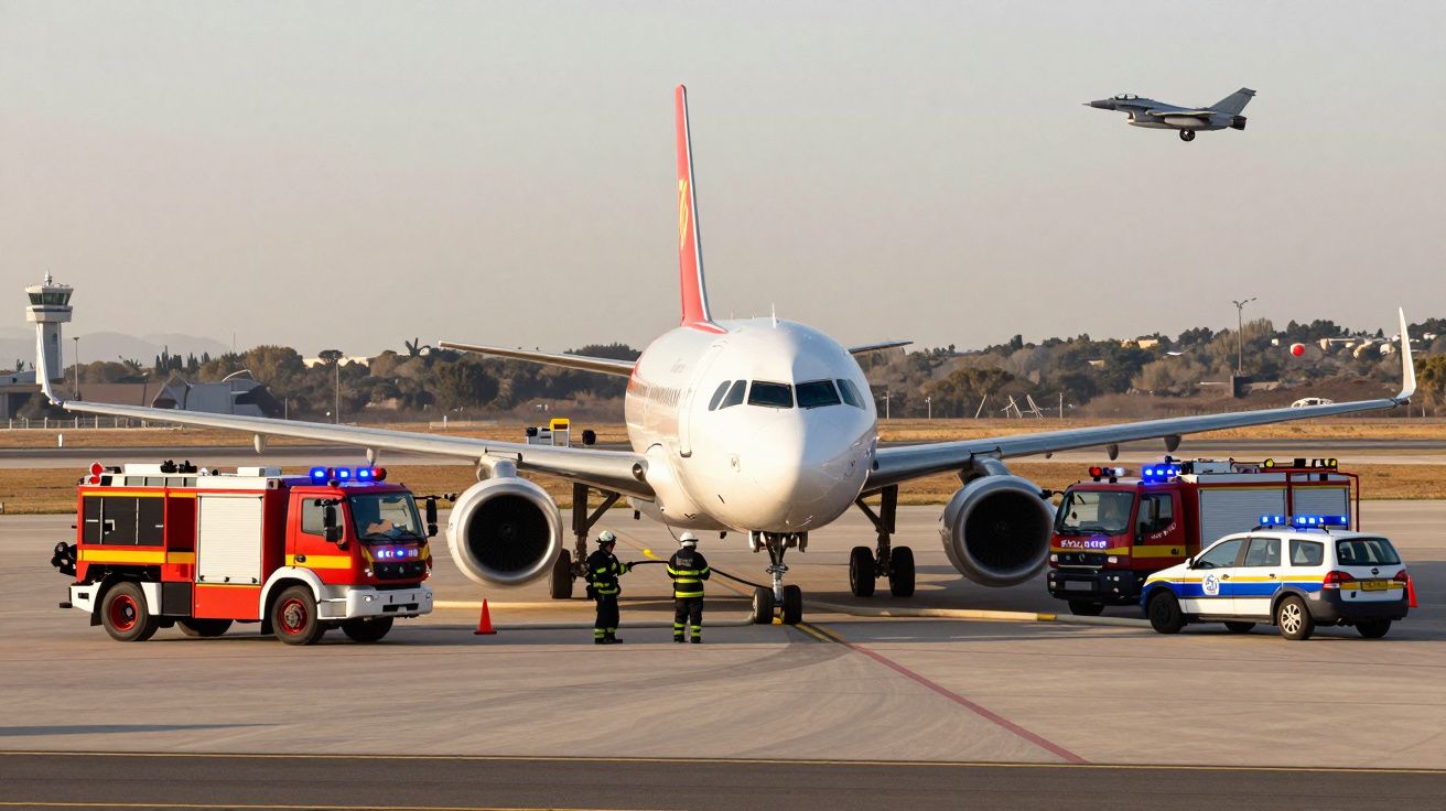 Avião estacionado na pista com bombeiros e veículos de emergência, e um avião militar a sobrevoar.