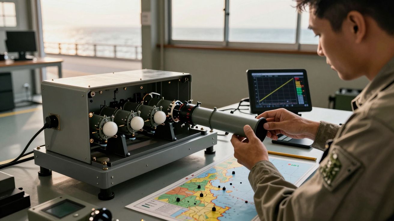 Homem analisando equipamento técnico com mapa e gráfico no laboratório, ao pôr do sol.
