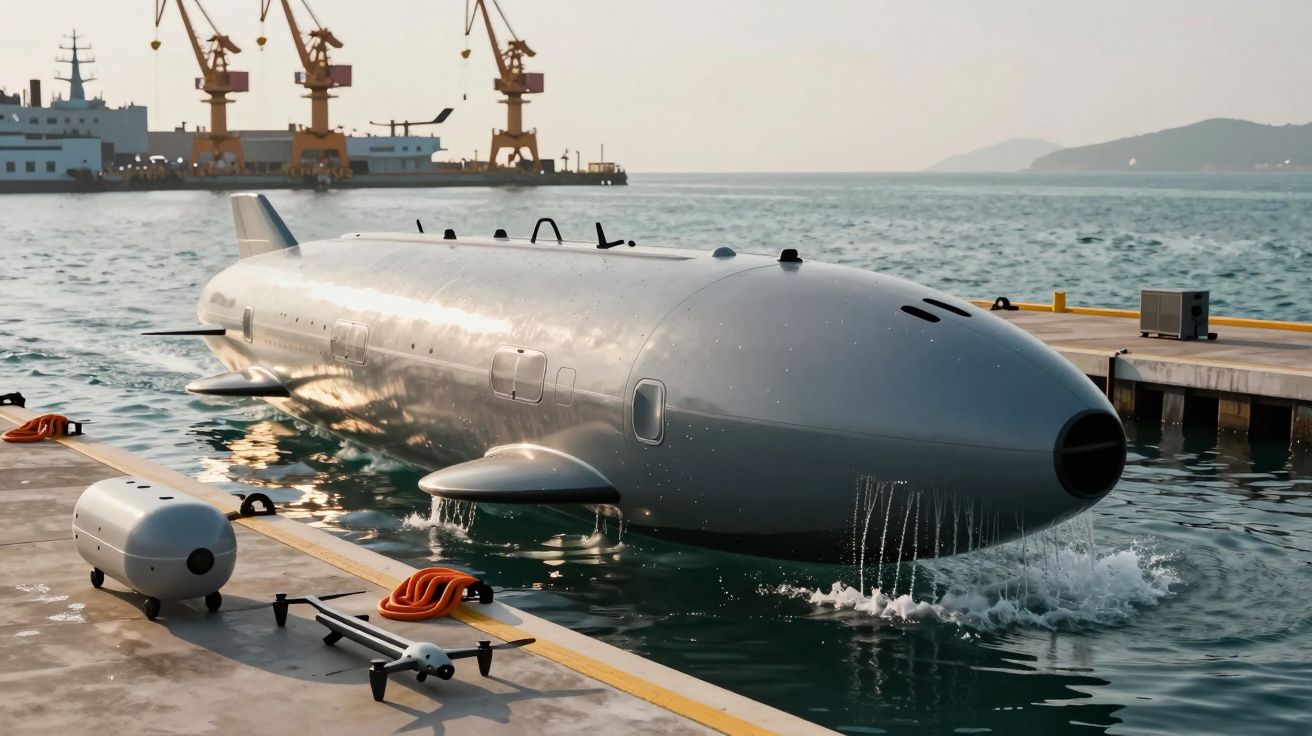 Submarino cinzento atracado no porto à beira de um cais, com guindastes e montanhas ao fundo.