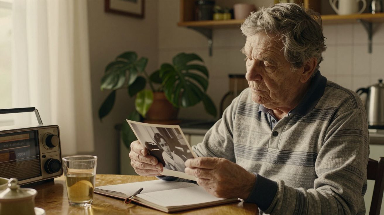 Idoso sentado à mesa, olhando uma foto antiga com atenção, ao lado de um rádio, caderno, e copo com chá.