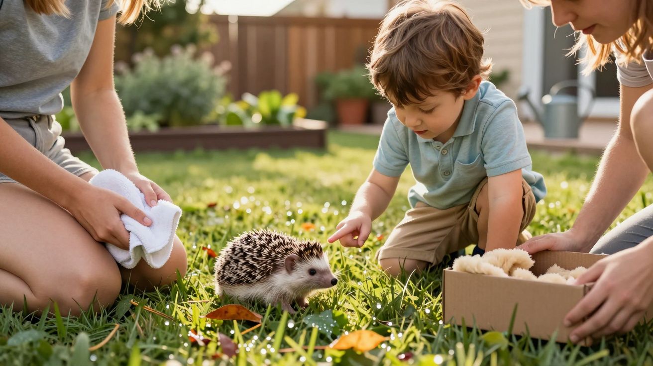Criança e adulto brincam com ouriço no relvado, enquanto outro adulto segura um pano e observa.