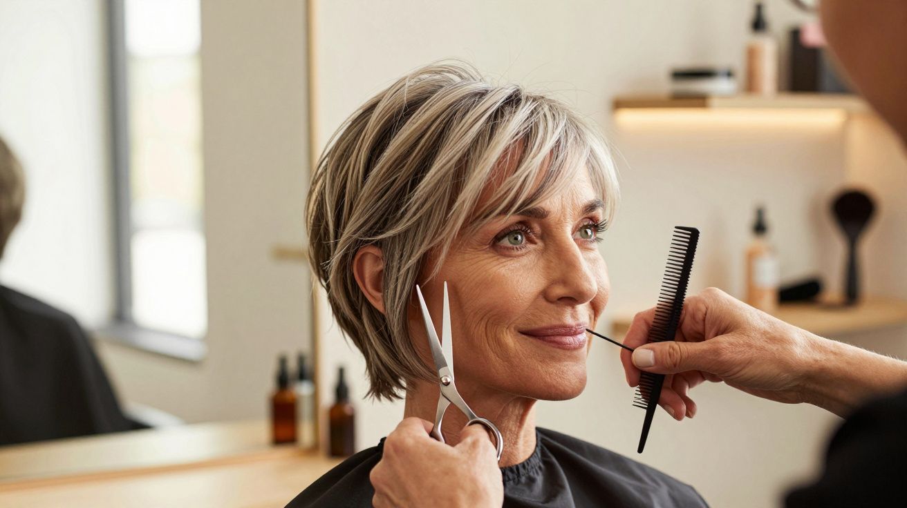 Mulher de cabelo curto a ser cortado por cabeleireiro com tesoura e pente.