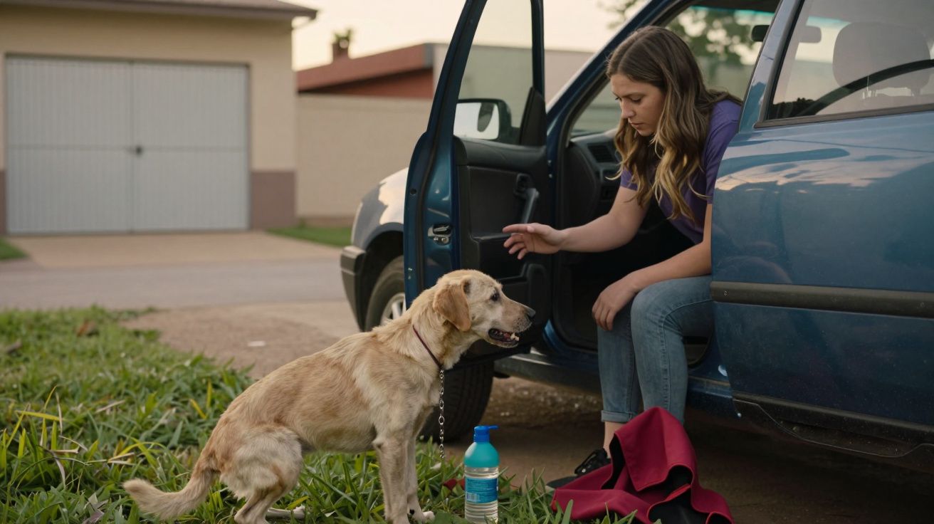 Mulher sentada num carro azul aberto, interagindo com um cão labrador sentado na relva, com garrafa de água ao lado.