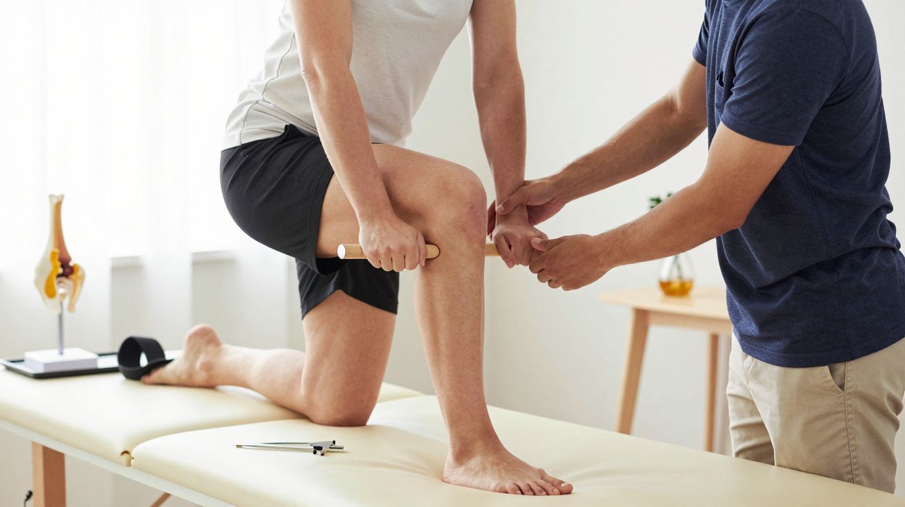 Fisioterapeuta ajuda paciente durante um exercício de joelho numa mesa de tratamento.