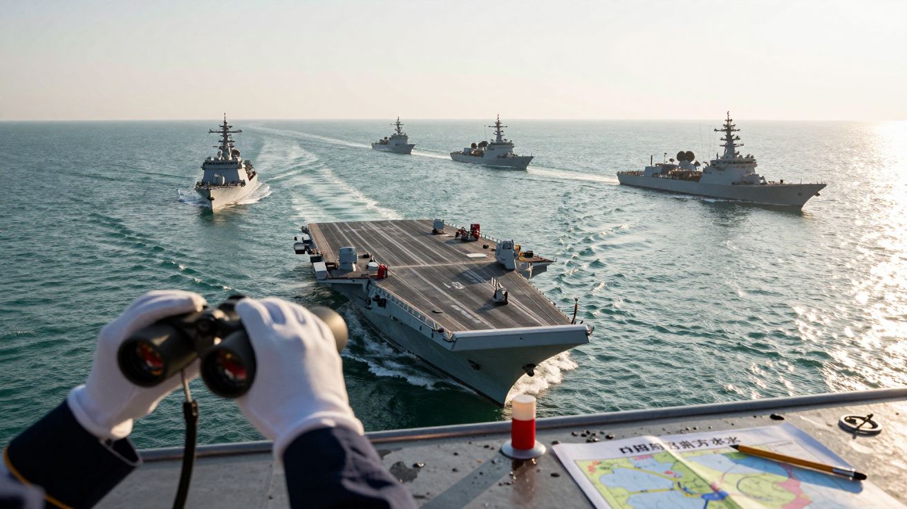 Porta-aviões e navios de guerra no mar, vistos através de binóculos, com mapa e caneta em primeiro plano.