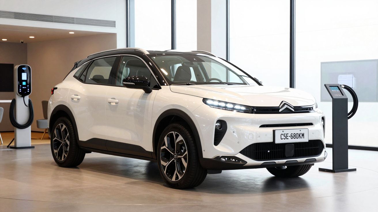 Carro Citroën branco estacionado num showroom com ponto de carregamento elétrico ao lado.