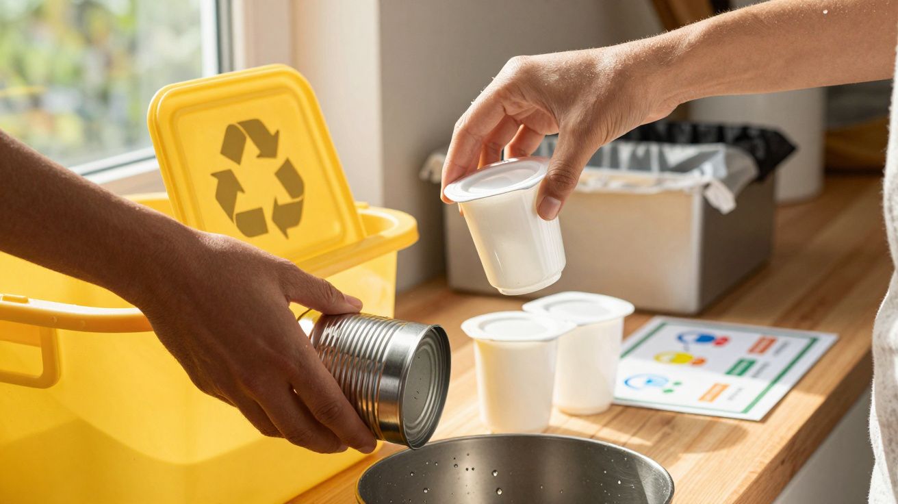 Duas pessoas a separar resíduos para reciclagem, colocando uma lata de metal e copos de plástico em contentores apropriados.