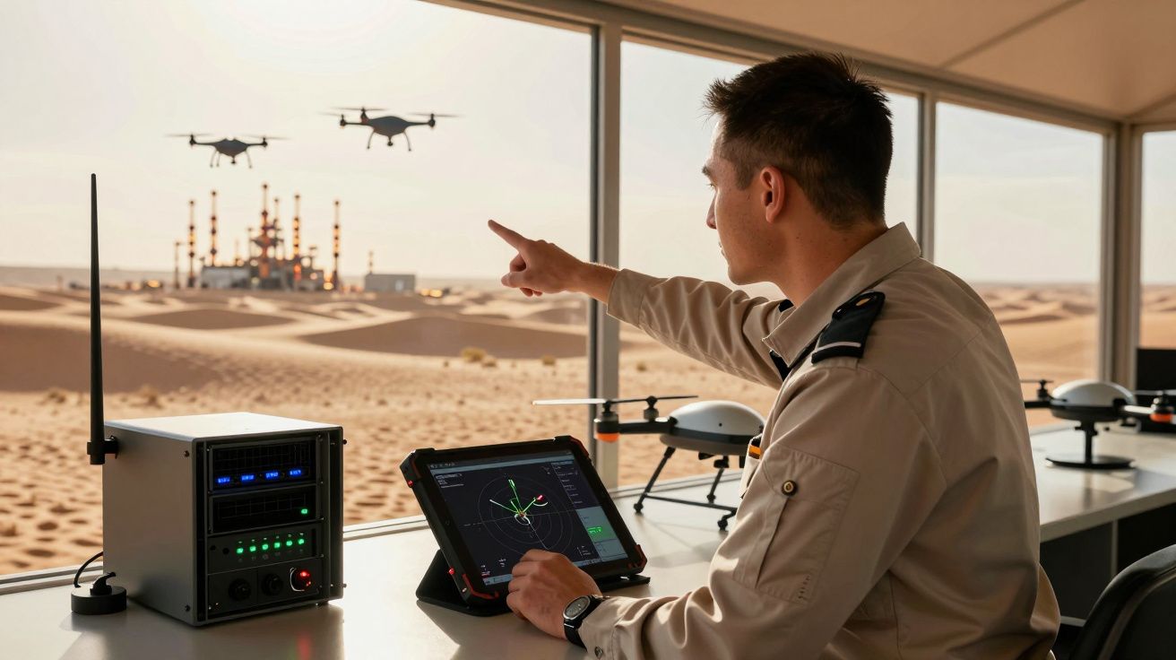 Homem numa sala de controlo aponta para drones sobrevoando o deserto, com um tablet à frente e equipamento técnico ao lado.