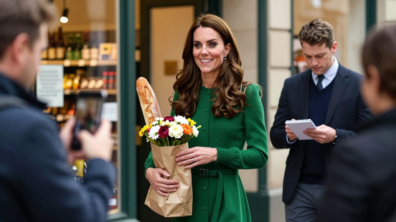 Mulher sorridente de vestido verde segura flores e baguete. Pessoas ao redor, uma tira fotos, outra anota em bloco.