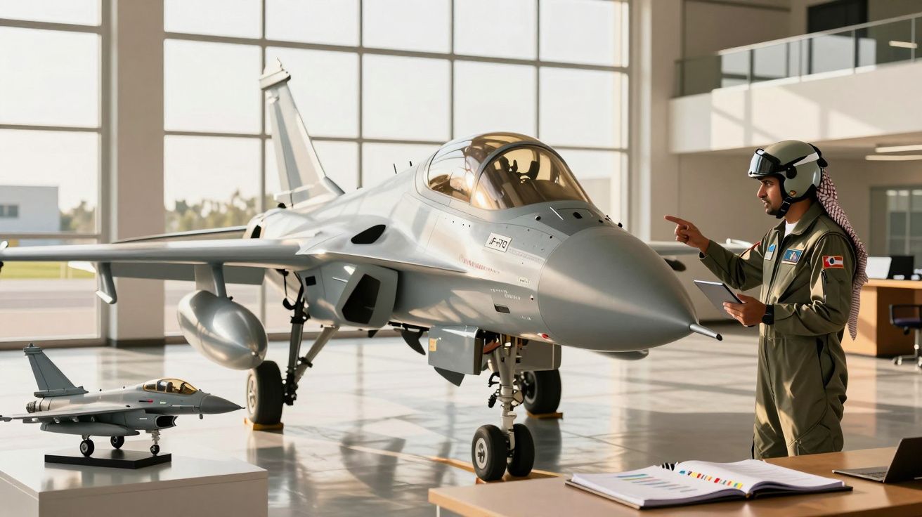 Piloto com capacete e uniforme observa jato cinzento em hangar moderno, com maquete do avião sobre a mesa.