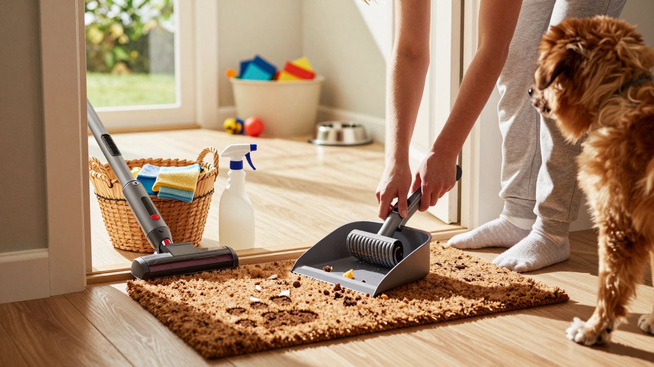 Pessoa a limpar tapete sujo com migalhas, ao lado de um cão curioso. Aspersor, vassoura e balde no fundo.