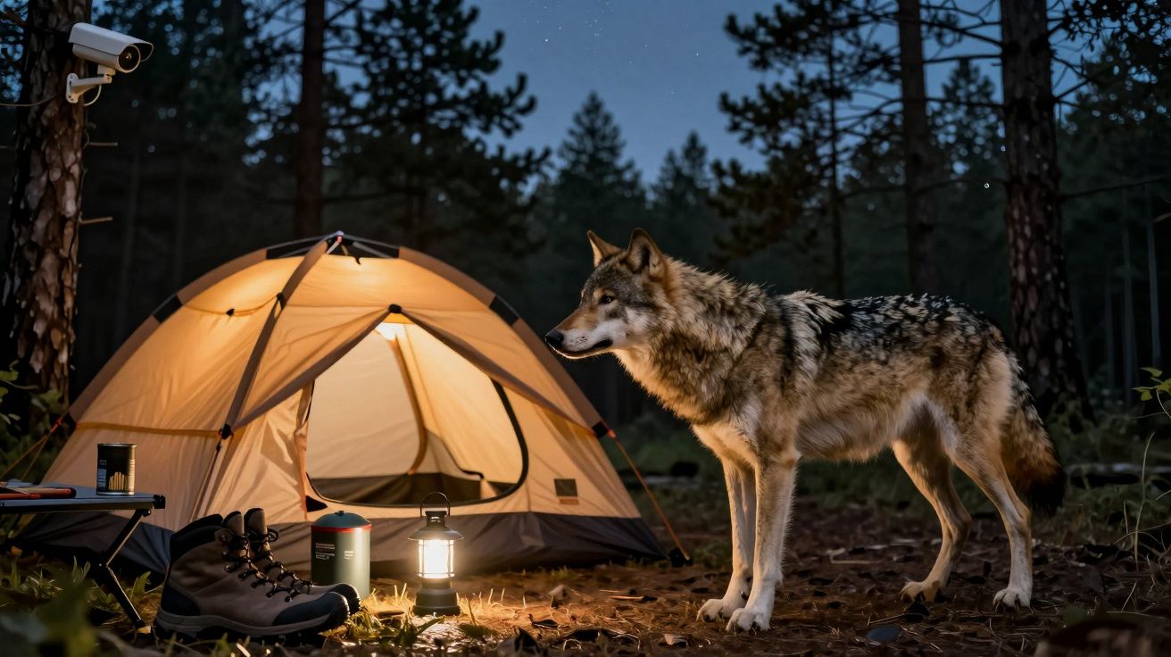 Lobo junto a uma tenda iluminada numa floresta à noite, com botas e lanterna no chão.