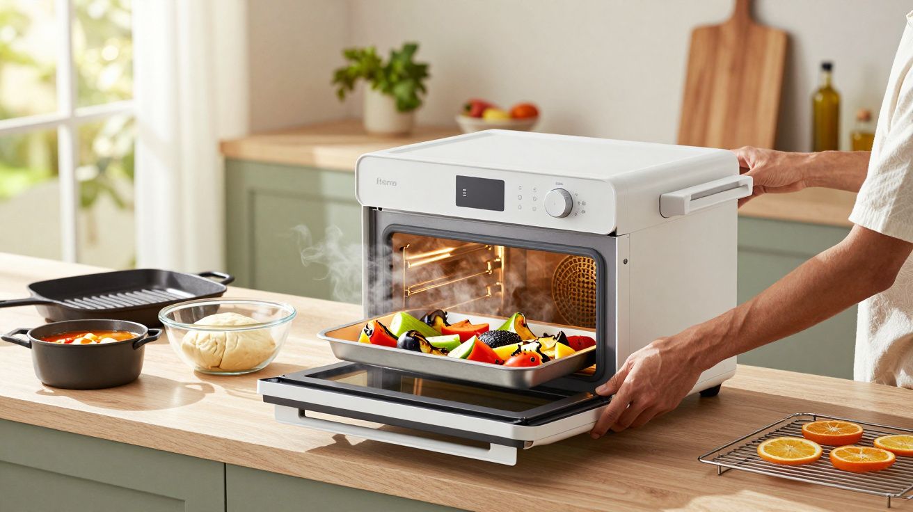 Pessoa coloca tabuleiro com vegetais num forno em bancada de cozinha clara, com frigideira e citrinos ao lado.