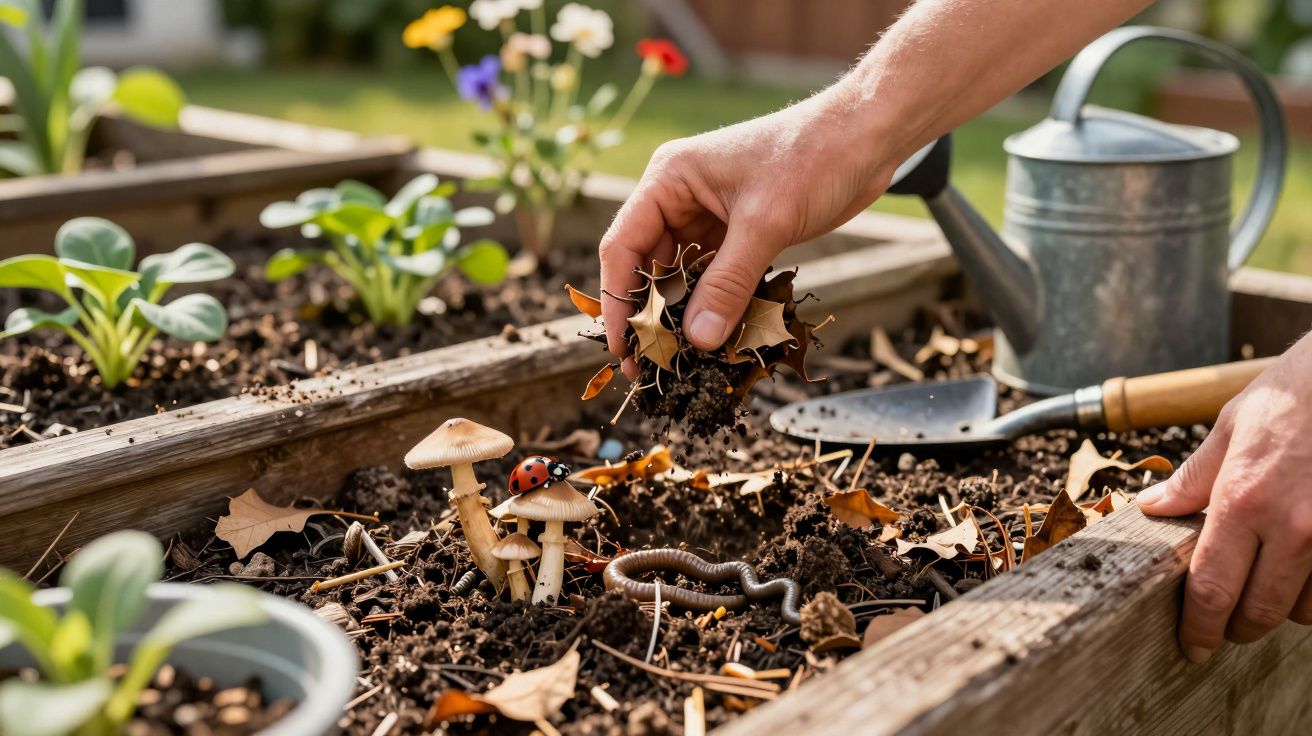 Mão cuida de jardim, misturando folhas e terra ao lado de cogumelos, joaninha e minhoca, regador ao fundo.