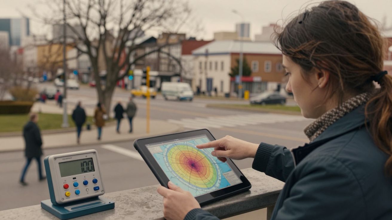 Mulher usando tablet com mapa colorido num cenário urbano, próximo a dispositivo com visor digital.