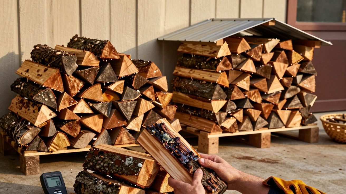 Pessoa observa troncos cortados em pontas e empilhados sob um telhado pequeno, com detalhes de fungos e medidor.