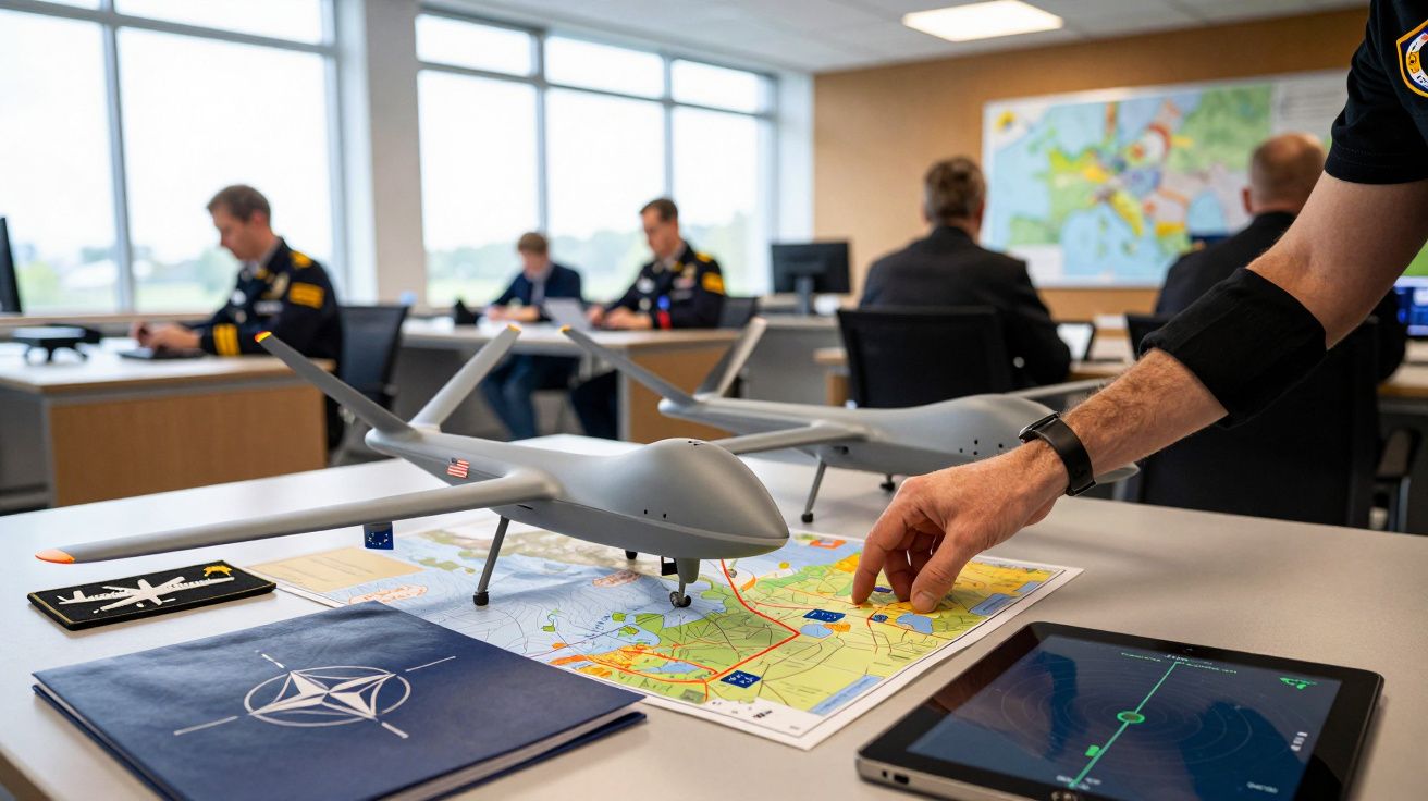 Pessoa aponta para mapa com drone em maquete em escritório, tablets e documentos sobre a mesa.