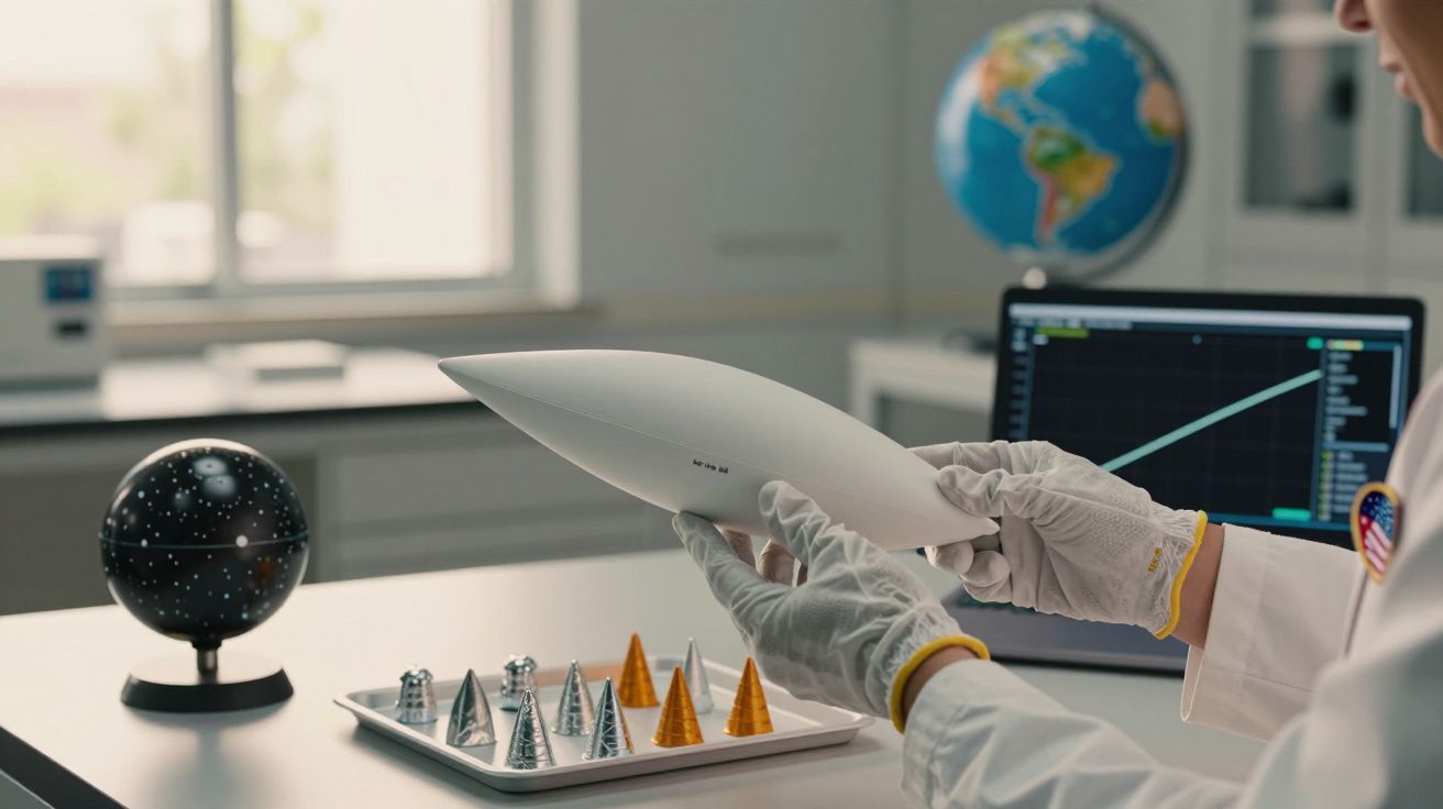 Pessoa analisando modelo de foguete em laboratório, com globo terrestre e computador ao fundo.