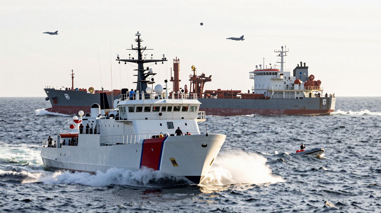 Navios no mar com dois aviões a sobrevoar; um barco menor à direita.