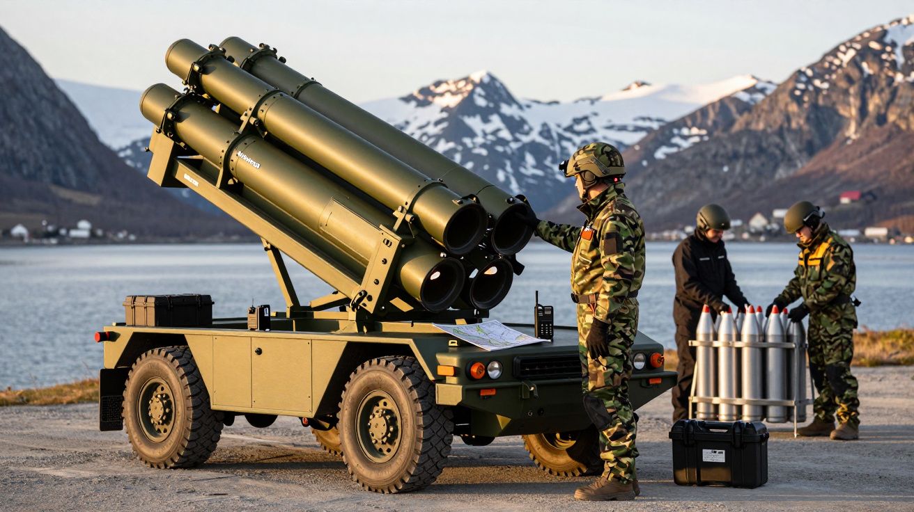 Soldados junto a veículo militar com equipamento de lançamento de mísseis, montanhas nevadas ao fundo.