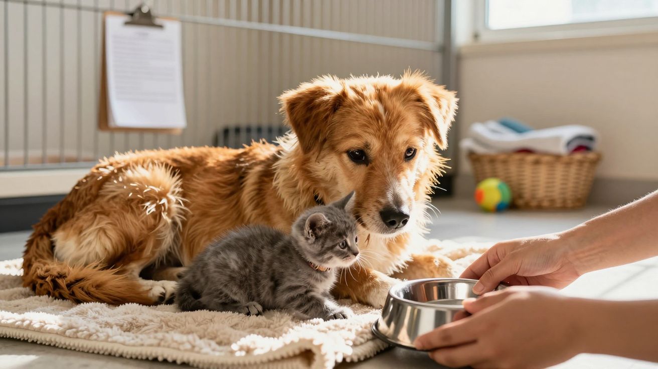 Cão castanho e gatinho cinza sentados em tapete, perto de taça de comida, com brinquedos ao fundo.