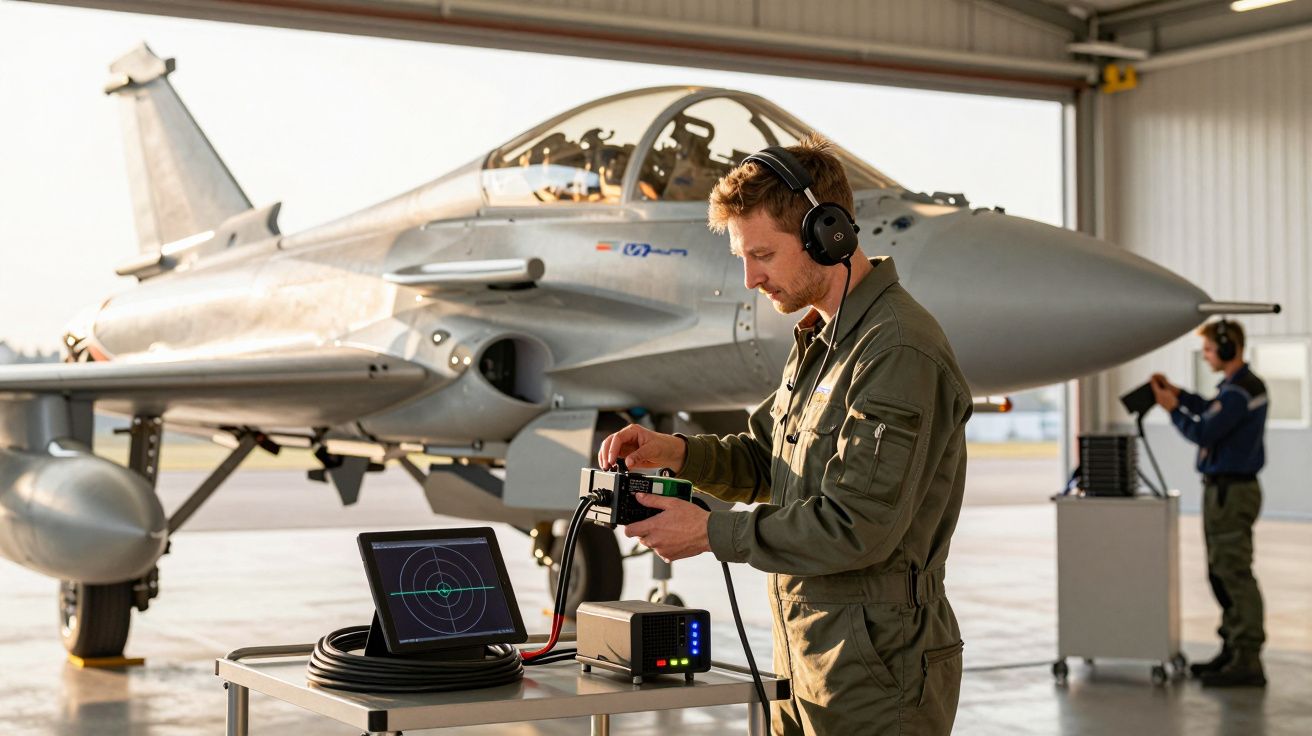 Técnico trabalha com equipamento eletrónico em hangar, próximo de um avião caça cinzento; outro técnico ao fundo.