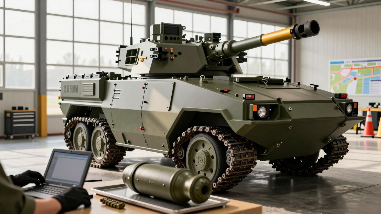 Tanque militar verde num hangar com técnico a trabalhar no laptop ao lado e munições sobre a mesa.