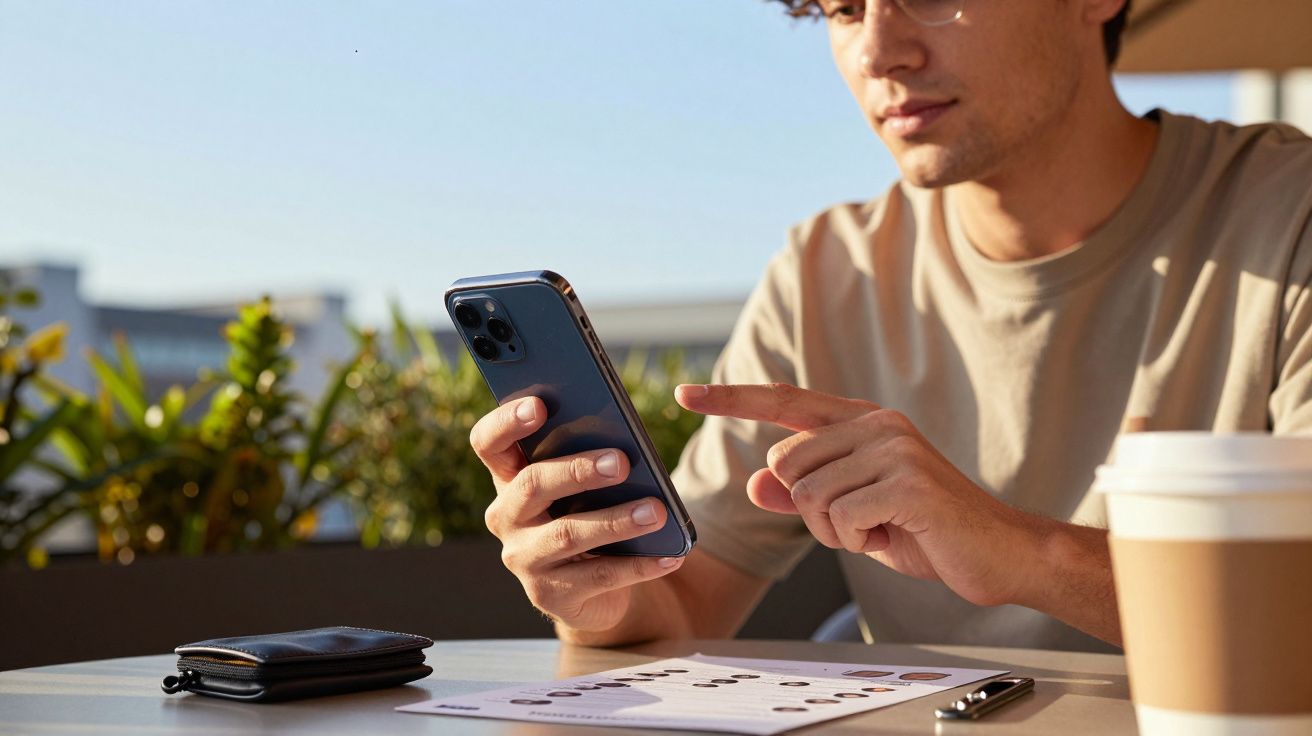 Homem a usar smartphone numa mesa ao ar livre com café e documentos, luz do sol ao fundo.
