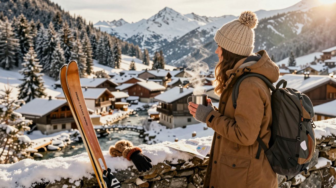 Mulher de casaco e gorro, segurando caneca fumegante, aprecia paisagem nevada com chalés e montanhas ao fundo.
